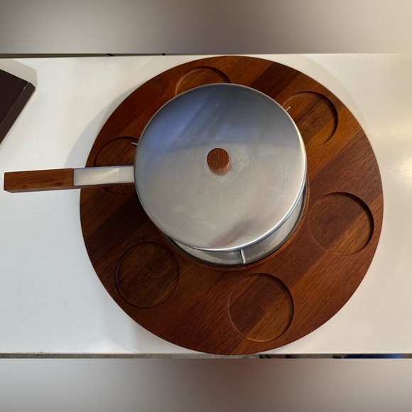 Read STELTON Denmark Fondue Set MCM Mid Century Modern Teak Lazy Susan Stainless - Picture 14 of 16